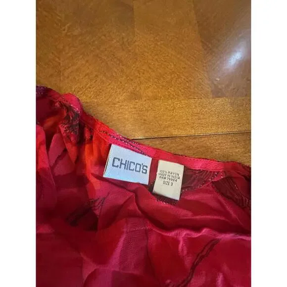 Chico's Red Floral Rayon Blouse Size 3 - Picture 2 of 7